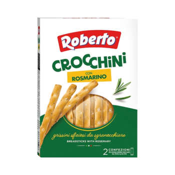 Roberto Crocchini Grissini Rosmarino, 4 Frischepacks, 250g Produktbild, Vorderseite der Verpackung